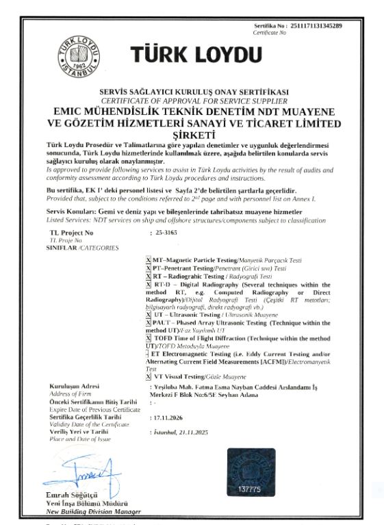 TÜRK LOYDU Servis Sağlayıcı Kuruluş Onay Sertifikası